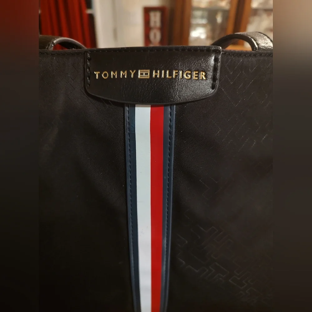 Tommy Hilfiger Black Laptop Bag with Red and White Stripe